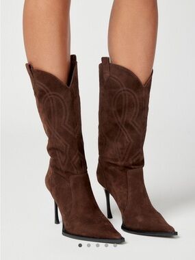 Women's Brown Suede Pointed-Toe Western High-Heel Boots